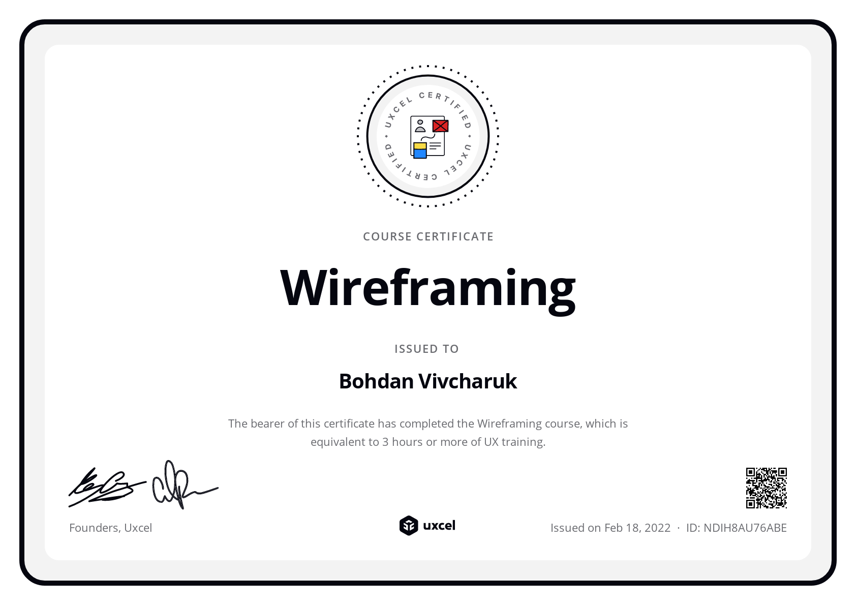Bohdan Vivcharuk's certificate